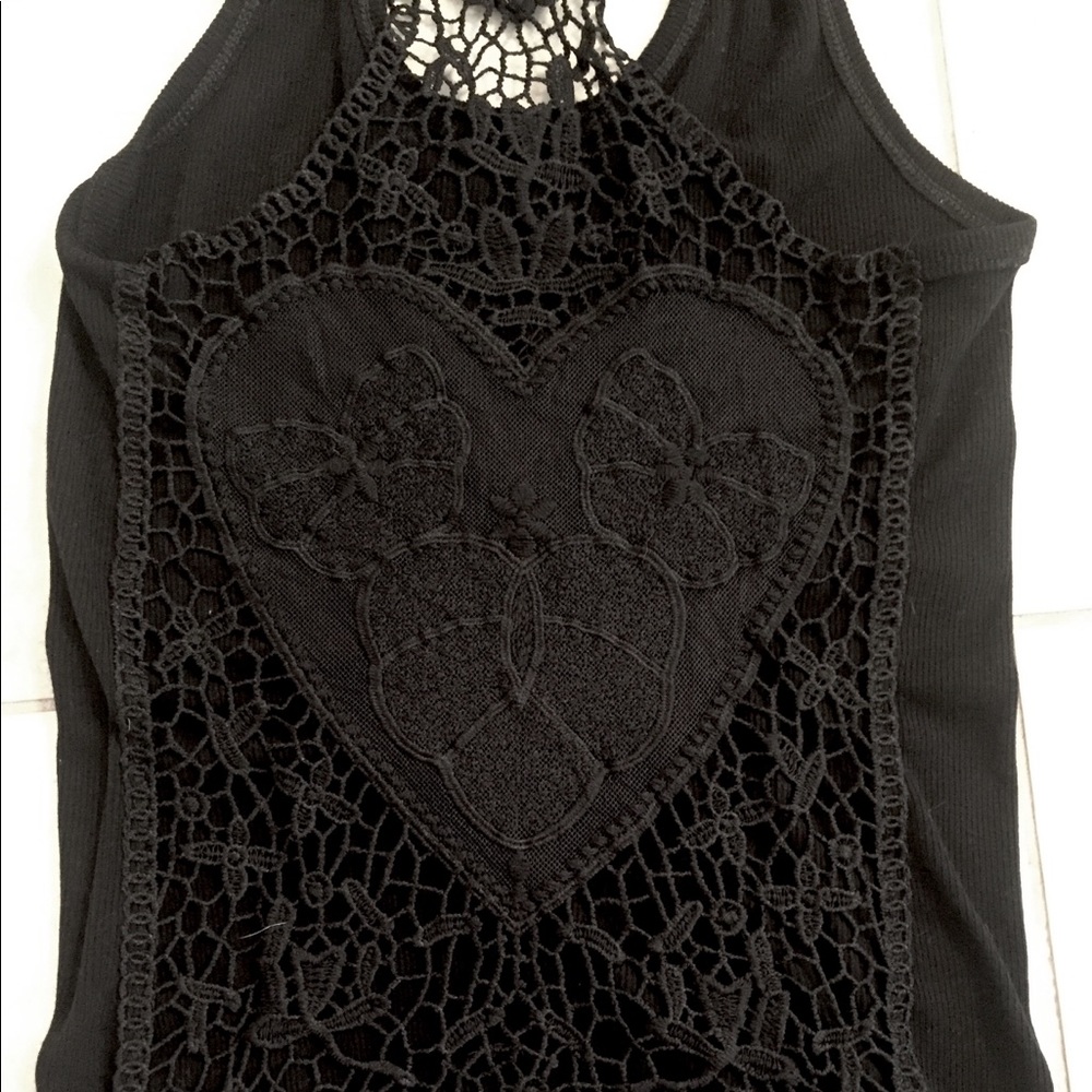 Black tank top w/see through crochet heart on back